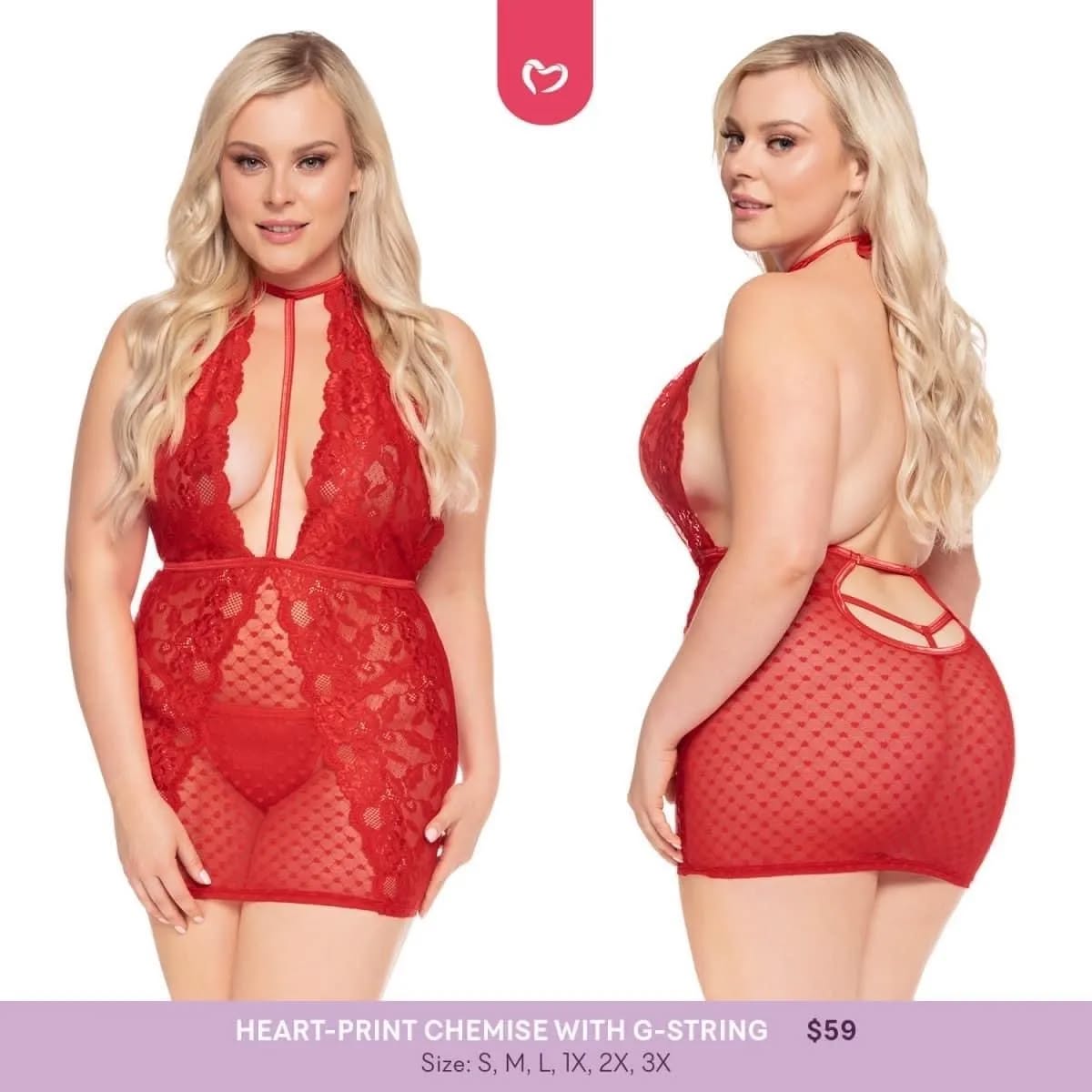 Plus Size Red Lingerie - Heart Chemise (2X)