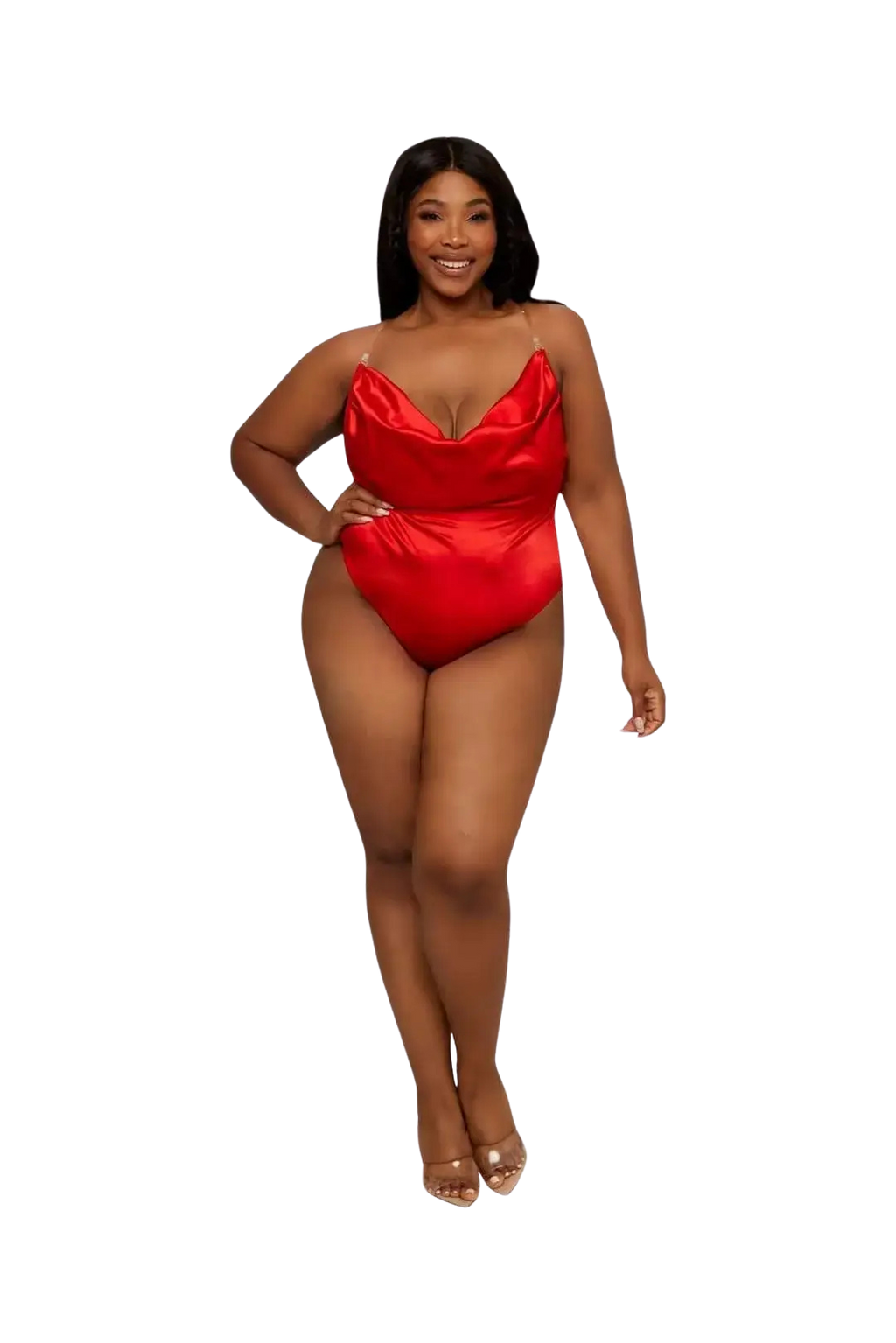 Red satin bodysuit with adjustable rhinestone straps, cowl front, sheer mesh back, and panty snaps. This body suit is comfy and ultra-sexy. Size S & 3X.