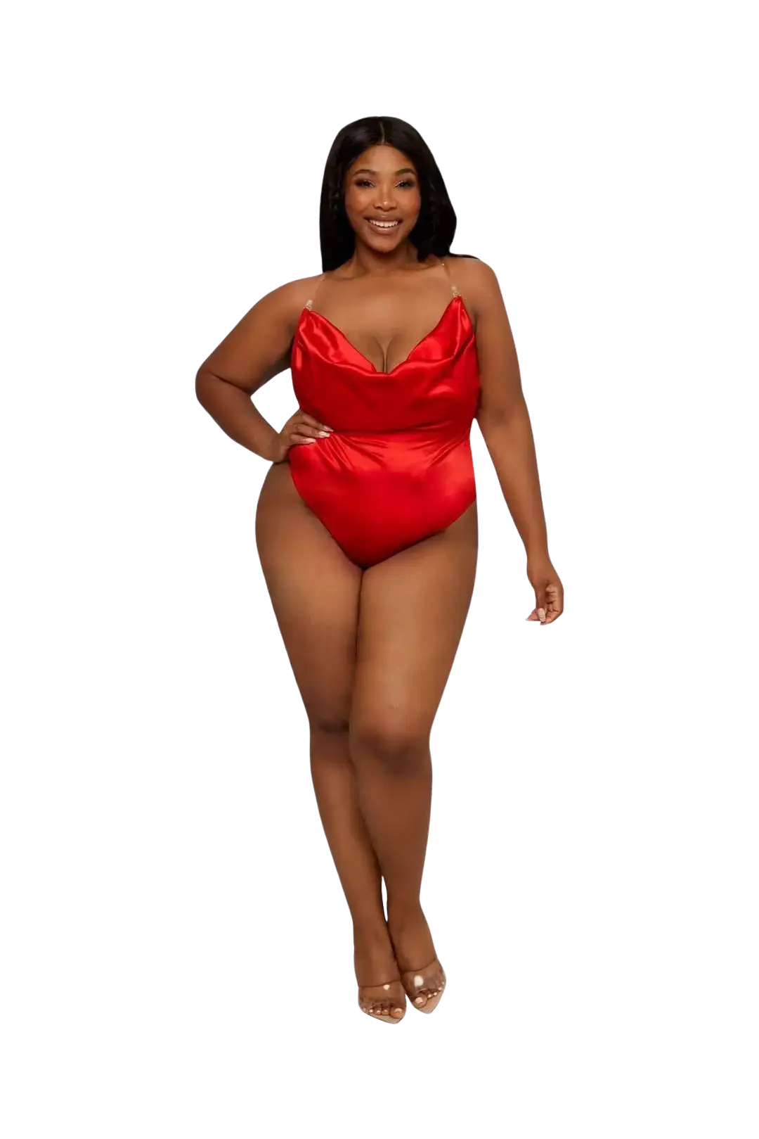 Red satin bodysuit with adjustable rhinestone straps, cowl front, sheer mesh back, and panty snaps. This body suit is comfy and ultra-sexy. Size S & 3X.