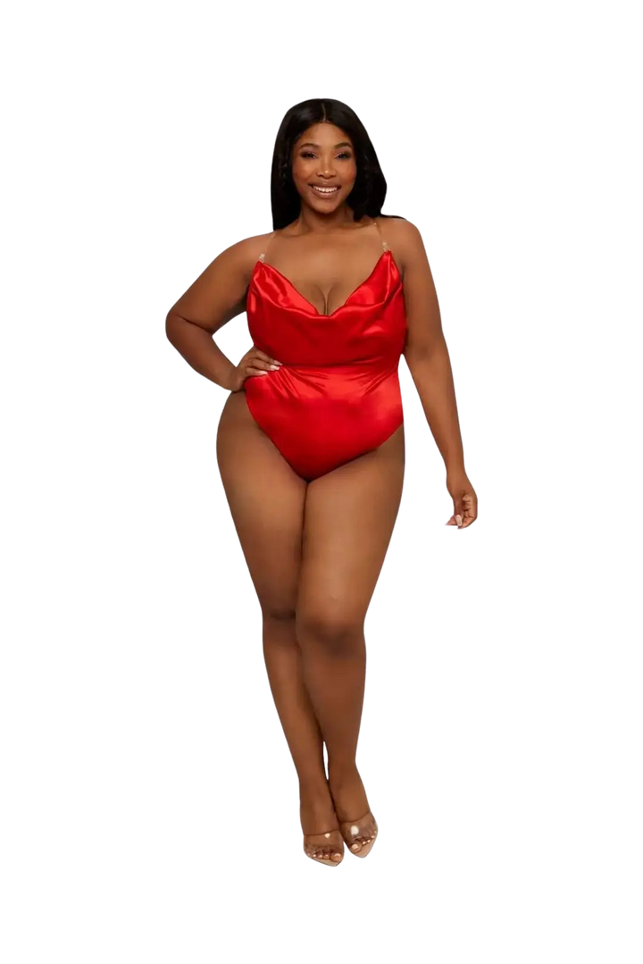 Red satin bodysuit with adjustable rhinestone straps, cowl front, sheer mesh back, and panty snaps. This body suit is comfy and ultra-sexy. Size S & 3X.