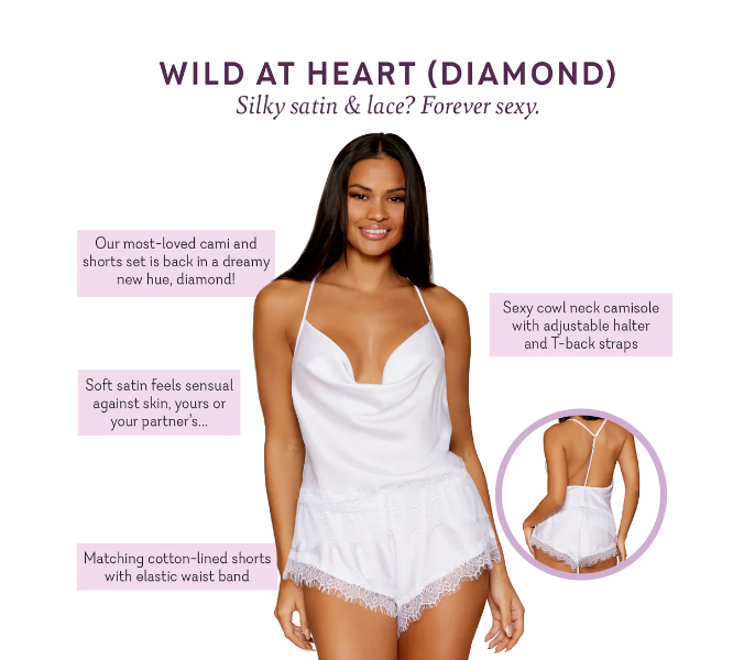 Satin cami and lace-trim shorts set in Diamond with cowl-neck cami and T-back straps. Size L and 3X.